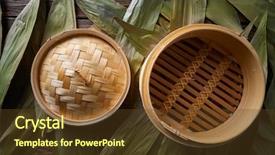  Presentation with asian bamboo - Audience pleasing slide deck consisting of food dimsum - asian kitchen bamboo steamer backdrop and a tawny brown colored foreground