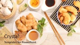  Presentation with dish tower - PPT theme featuring food dimsum - assorted asian dish background and a coral colored foreground