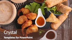  Presentation with food dimsum - Audience pleasing slide deck consisting of food dimsum - assortment of asian cuisine backdrop and a tawny brown colored foreground