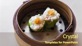  Presentation with dim sum - Colorful PPT theme enhanced with food dimsum - chinese dim sum in wooden backdrop and a tawny brown colored foreground