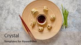  Presentation with soy sauce - Theme featuring food dimsum - delicious chinese dumplings served background and a coral colored foreground