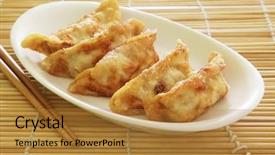  Presentation with food dimsum - PPT theme enhanced with food dimsum - fried dumplings chinese style cuisine background and a gold colored foreground