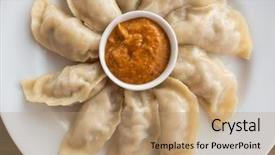  Presentation with food dimsum - Audience pleasing PPT layouts consisting of food dimsum - plate of nepalese chicken momos backdrop and a coral colored foreground