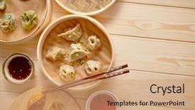  Presentation with chinese traditional - Cool new PPT theme with food dimsum - traditional chinese dumplings served backdrop and a coral colored foreground
