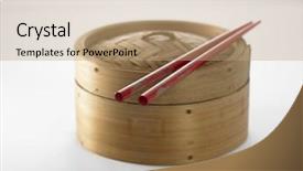  Presentation with chopsticks - PPT layouts featuring bamboo tim sum steamer with chopsticks on the white background background and a coral colored foreground