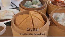  Presentation with dim sum - Slide set enhanced with hong kong restaurants - chinese dim sum in restaurant background and a coral colored foreground