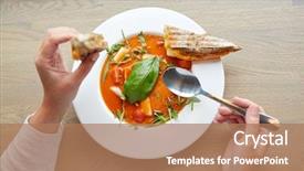  Presentation with culinary - Beautiful PPT theme featuring food dinner culinary and people concept - woman eating gazpacho soup with sandwich and spoon at restaurant backdrop and a coral colored foreground