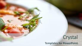  Presentation with haute cuisine - PPT theme having food dinner culinary haute cuisine and cooking concept - close up of plate with delicious gazpacho soup at restaurant background and a sky blue colored foreground