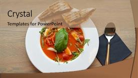  Presentation with haute cuisine - Colorful slide deck enhanced with food dinner culinary haute cuisine and cooking concept - plate of delicious gazpacho soup at restaurant backdrop and a coral colored foreground