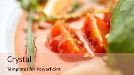  Presentation with haute cuisine - Audience pleasing slides consisting of food dinner culinary haute cuisine and cooking concept - close up of plate with delicious gazpacho soup at restaurant backdrop and a coral colored foreground
