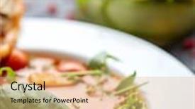  Presentation with haute cuisine - Amazing slide deck having food dinner culinary haute cuisine and cooking concept - close up of plate with delicious gazpacho soup at restaurant backdrop and a coral colored foreground