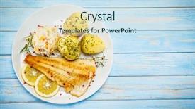  Presentation with food fish - Colorful PPT layouts enhanced with fish dish - fried fish fillet backdrop and a sky blue colored foreground