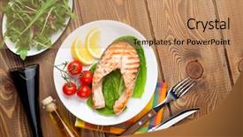  Presentation with salmon grilled fish salmon grilled - Audience pleasing PPT layouts consisting of fish food - grilled salmon salad and condiments backdrop and a coral colored foreground