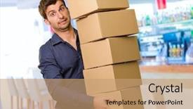  Presentation with stack - Slide deck with food distribution - young man holding stack background and a coral colored foreground