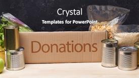  Presentation with food donations - Beautiful PPT theme featuring food-donations-concept-with-varoius backdrop and a dark gray colored foreground