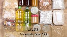  Presentation with food donations - Amazing slide set having food donations on wooden background backdrop and a coral colored foreground