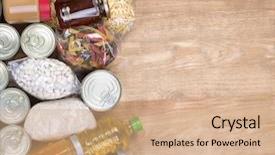  Presentation with food donations - Slide set with food donations on wooden background background and a coral colored foreground