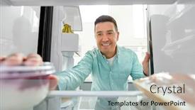  Presentation with diet - Colorful presentation enhanced with food eating and diet concept - smiling middle-aged man taking yoghurt from fridge at kitchen backdrop and a light blue colored foreground