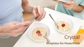  Presentation with food technology - Slide deck enhanced with food eating people technology and healthy food concept - close up of couple having breakfast and texting on smartphones at home background and a lemonade colored foreground