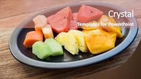  Presentation with bio - Slides with food eco bio and summer holidays concept - still life with exotic tropical fruits in bowl background and a coral colored foreground