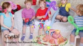  Presentation with kids birthday - PPT layouts with food enginerring - birthday cake is on table background and a coral colored foreground