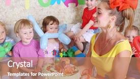  Presentation with kids birthday - PPT theme enhanced with food enginerring - woman holds birthday cake background and a coral colored foreground