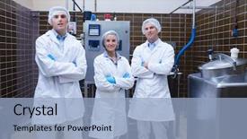  Presentation with factory - Amazing slide deck having food equipment - biologist team standing smiling backdrop and a light blue colored foreground