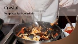  Presentation with restaurant equipment - Colorful presentation theme enhanced with food equipment - chef frying mussels with pasta backdrop and a light gray colored foreground