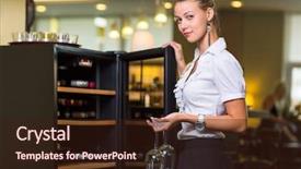  Presentation with chemical bottle - Slides having food etiquette - cute waitress getting a bottle background and a wine colored foreground