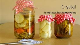  Presentation with marinated pickles variety preserving jars - Beautiful PPT theme featuring food etiquette - jars with pickles backdrop and a coral colored foreground
