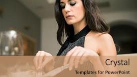  Presentation with restaurant - Presentation theme enhanced with food etiquette - woman eating in a restaurant background and a coral colored foreground