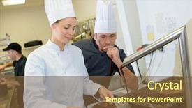  Presentation with food exhibition - PPT layouts featuring food exhibition - chef and assistant prepare chocolate background and a  colored foreground