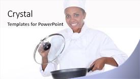  Presentation with frying - Audience pleasing PPT layouts consisting of food exhibition - female chef exhibits a frying backdrop and a  colored foreground