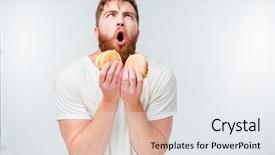  Presentation with vernier caliper bearing isolated - Audience pleasing theme consisting of food face - excited bearded man enjoying eating backdrop and a white colored foreground