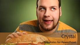  Presentation with green pharmaceuticals - Audience pleasing slide deck consisting of food face - funny guy eating hamburger backdrop and a gold colored foreground