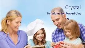  Presentation with kids food - Presentation theme having food family children hapiness and people concept - happy family with two kids making dinner at home background and a sky blue colored foreground