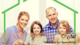  Presentation with kids food - Colorful slide deck enhanced with food family children happiness and people concept - happy family with two kids making dinner at home behind green house symbol backdrop and a coral colored foreground