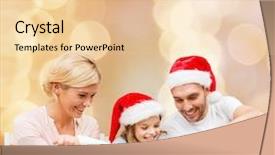  Presentation with christmas food - Slide deck with food family christmas happiness and people concept - smiling family in santa helper hats with glaze and pan cooking over beige lights background background and a lemonade colored foreground