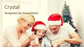  Presentation with christmas food - Theme with food family happiness and people concept - smiling family in santa helper hats with glaze and pan cooking over living room and christmas tree background background and a cream colored foreground