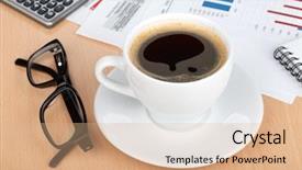  Presentation with cup coffee - Beautiful PPT layouts featuring food flow chart - coffee cup on contemporary workplace backdrop and a  colored foreground