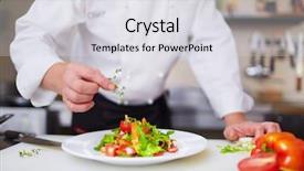  Presentation with chef - Beautiful slide deck featuring food garnish - male chef garnishing dish backdrop and a light gray colored foreground