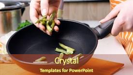  Presentation with asparagus - Slide set having food garnish - woman holding asparagus on kitchen background and a tawny brown colored foreground