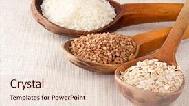  Presentation with rice grains - Slide set with food grains - oat flake rice and buckwheat background and a lemonade colored foreground