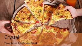  Presentation with pizza - Cool new PPT theme with food grease - friends hands taking slices backdrop and a red colored foreground