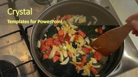  Presentation with cooking oils - Slides having food grease fat - frying oninon and sausages background and a  colored foreground