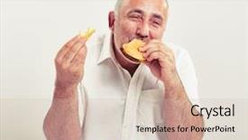  Presentation with burger fries - Cool new slide deck with food grease fat - middle-aged man eating burger backdrop and a soft green colored foreground