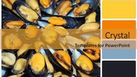  Presentation with orange colour abstract gold - Colorful slide deck enhanced with food groups chart - background closeup of fresh mussels backdrop and a gold colored foreground