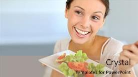  Presentation with eating - Beautiful PPT theme featuring food happiness - closeup of cheerful woman eating backdrop and a  colored foreground