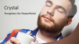  Presentation with cup coffee - Slide deck with food happiness and people concept background and a light gray colored foreground