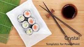 Presentation with soy sauce - Theme enhanced with food harina - sushi set chopsticks and soy background and a coral colored foreground